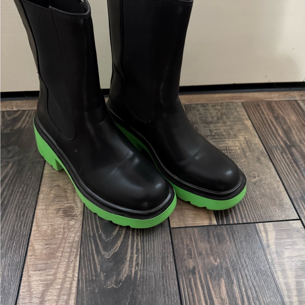 Black Chelsea Mid Calf Rubber Boot with Block Heel